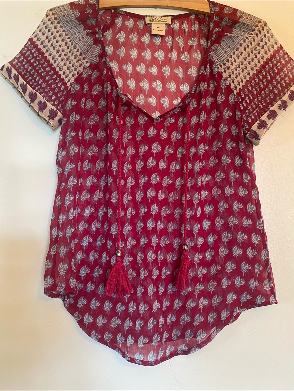 Lucky Brand Sheer Printed Tassel Tie Blouse
